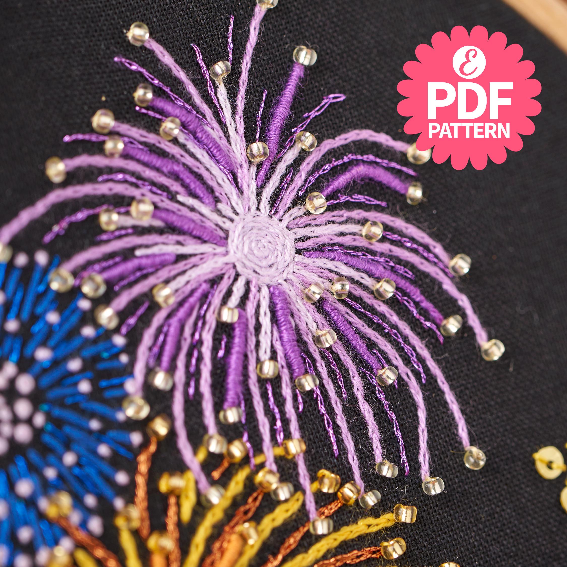 花火大会の刺繍枠パターン：愛の刺繍（PDFダウンロード、直径15cm