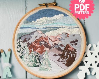 Snowy Mountains Landscape Embroidery Hoop Pattern (Digital Download)