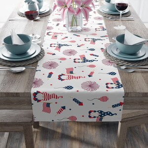 American Gnomes Table Runner: Festive Red and Blue Holiday Decor