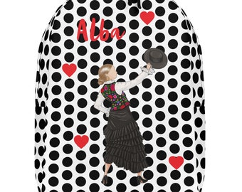 Minimalist Backpack, customizable, flamenco, flamenco dancer, black polka dots