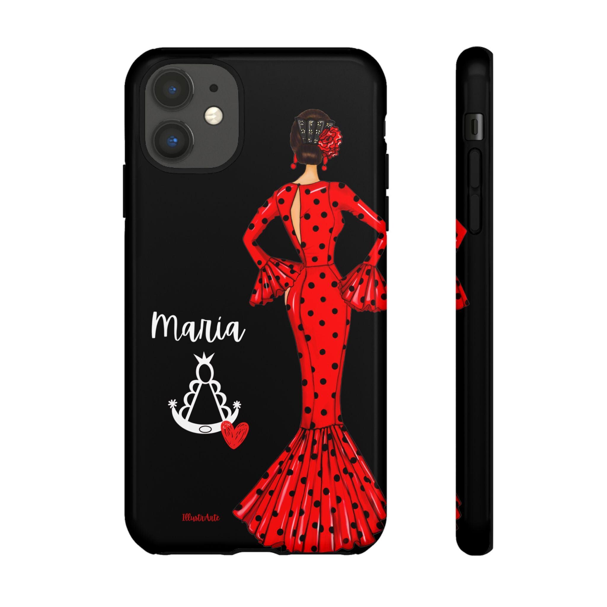 Funda Teléfono Personalizable - Modelo Maria rojo con pelo oscuro, fondo negro con Virgencita, Para iPhone, Samsung Y Google Pixel