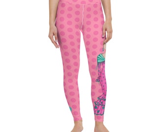 Flamenco Dancer Leggings, pink with pink polka dots high waisted yoga leggings with a pink dress and green shawl design