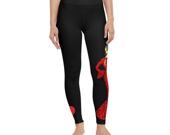 Leggings de Bailaora Flamenca, leggings de yoga negros de talle alto con vestido rojo y diseño de corazón rojo