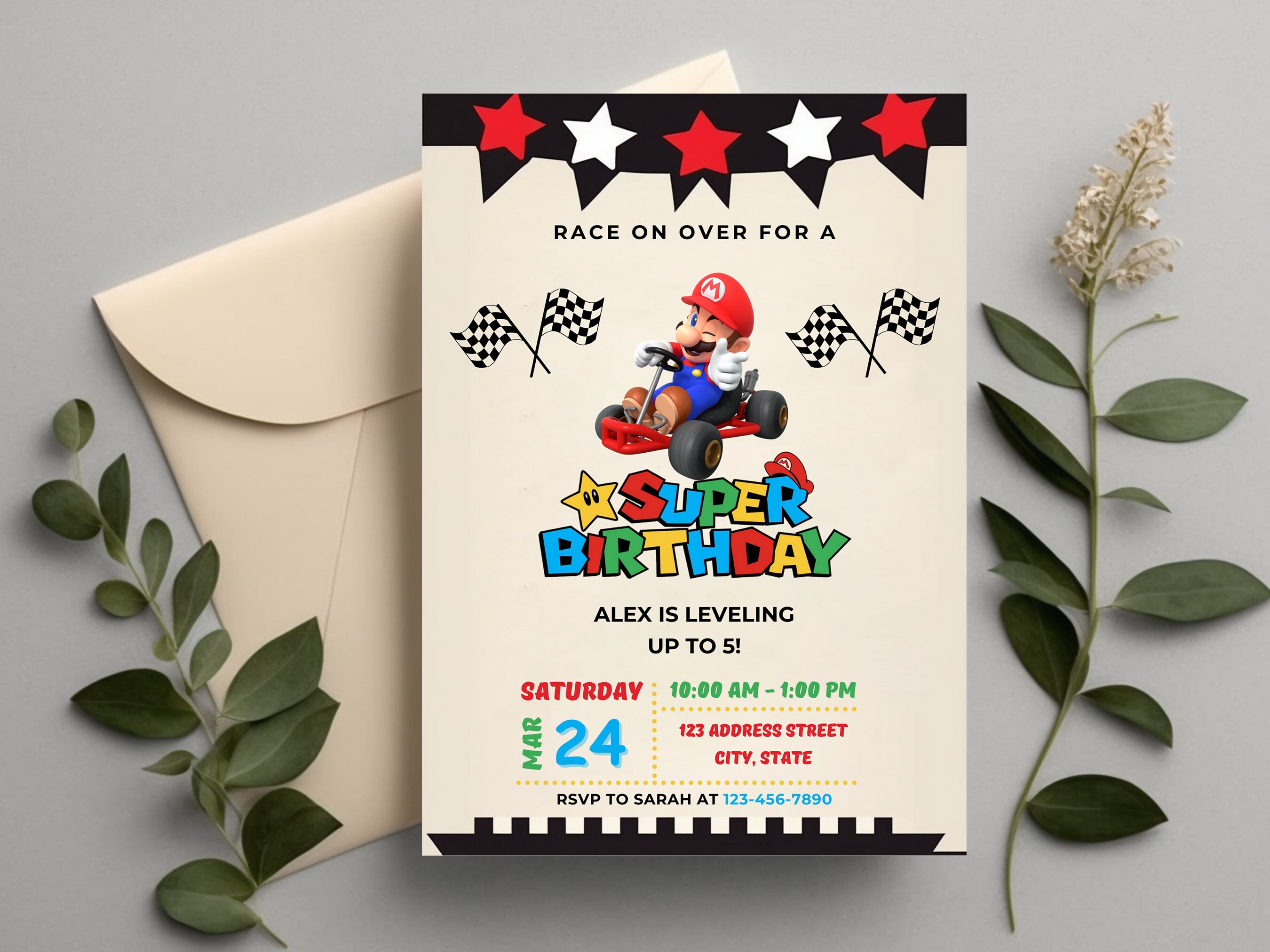 Mario Kart Birthday Party Invitation Card Template, Editable Kids ...