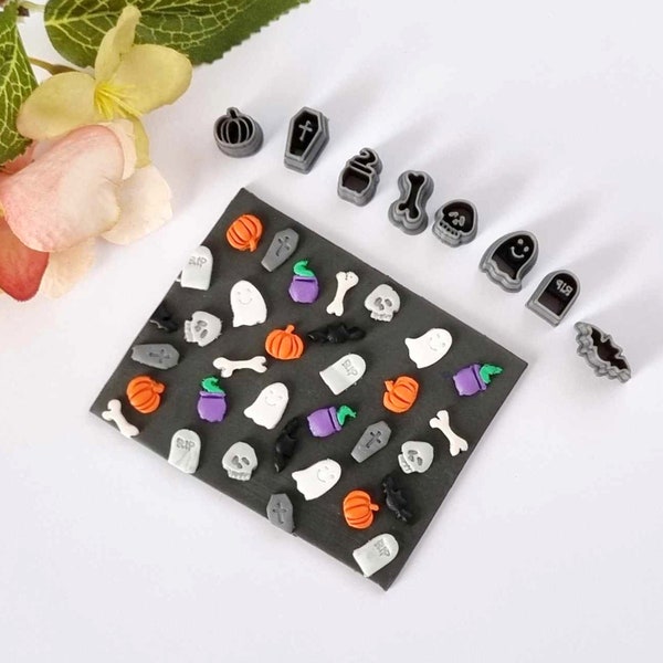 Set of 8 Tiny Micro Mini Halloween Polymer Clay Slab Cutters Embossing Tool Cutters Pumpkin Gravestone Coffin Skull Bat Ghost Cauldron