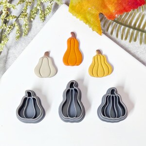 May include: A selection of pumpkin-shaped cookie cutters and decorative pumpkins in various colours. The cutters are grey, and the pumpkins are cream, orange, and yellow. The image is set against a white background, with autumn foliage accents.