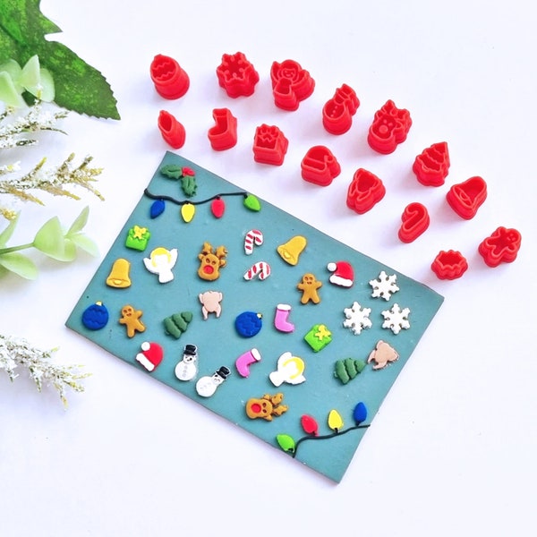 Set of 15 Tiny Micro Mini Christmas Xmas Thanksgiving Polymer Clay Slab Cutters Embossing Tool Cutters Santa Hat Tree Reindeer Snowflake