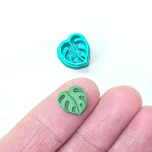 May include: A small, green, leaf-shaped object with a detailed vein pattern, held between fingers. A turquoise-coloured mould of the same leaf shape is in the background. The leaf is a miniature version of a Monstera plant leaf.