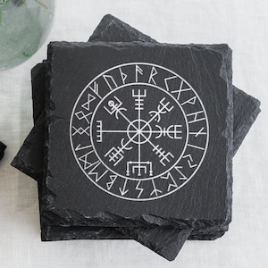 Viking Compass Vegvisir Coaster Set of 4: Rustic Norse or Celtic Home Decor
