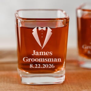 Custom Groomsmen Gift or Best Man Proposal: Square Engraved Glass Shot Glasses