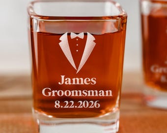 Custom Groomsmen Gift or Best Man Proposal: Square Engraved Glass Shot Glasses