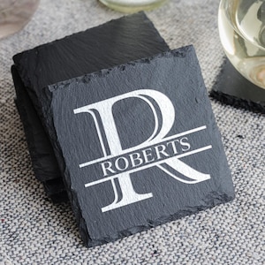 Custom Monogram Slate Coaster Set of 4 - Housewarming Gift, New Homeowner, Wedding Gift, Barware Gift, Custom Coasters, Personalized Gift