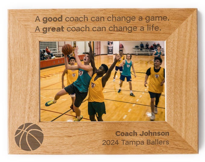 Basketball Coach Red Alder Wood Picture Frame: Personalized Thank You or Appreciation Gift