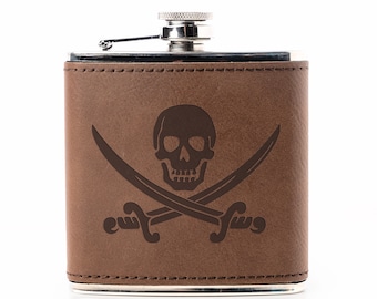 Jolly Roger Pirate Flask - Travel Flask, Jolly Roger, Leather Flask, Pirate Flask, Pirate Costume, Backpacking Flask, Flask For Men