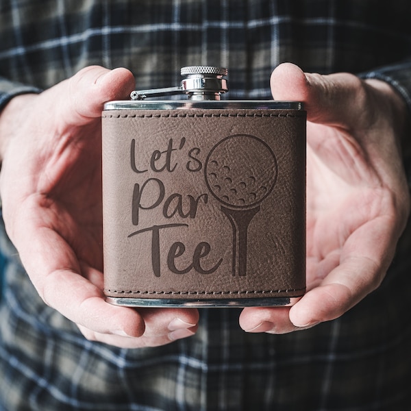 Let's Par Tee Flask - Golf Gifts For Men, Alcohol Flask, Golf Gift For Dad, Leather Flask, Golf Birthday Gift, Engraved Flask, Golf Outing