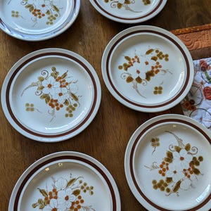 Puede incluir: Seis platos de cena de cerámica blanca con un borde marrón y un diseño floral con flores blancas, hojas marrones y bayas naranjas.