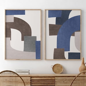 Mid-Century Modern Art Print Set: Blue Brown Organic Lines (Digital Download)