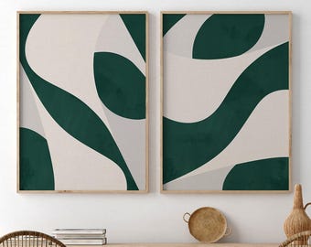 Zielone wydruki artystyczne w stylu Mid Century Modern: minimalistyczne dekoracje ścienne (do pobrania na bieżąco)