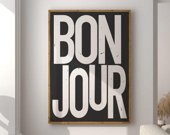 Wydruk artystyczny Bonjour Typography: Nowoczesny plakat w bardzo jasnym beżu (złamana biel) i czerni (pobranie cyfrowe)