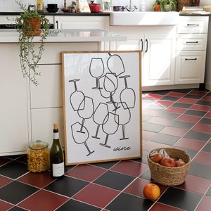 Kitchen Minimalist Modern Wine Printable Wall Art | Kitchen Decor Digital Art | Organic Lines Modern Minimalist Wine Digital Drawing Poster