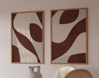 Abstrakcyjne wydruki artystyczne z terakoty (zestaw 2 szt.): wystrój wnętrz w stylu Mid-Century Modern (do natychmiastowego pobrania)