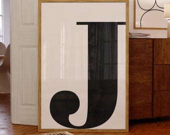 Capital Letter J Art Print: Minimalist Black White Typography Poster (Instant Download)
