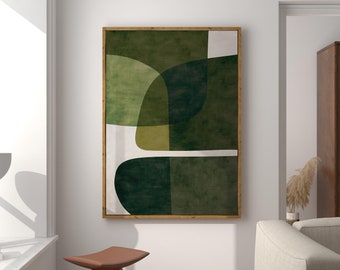 Groenbeige abstracte kunstprint: modern minimalistisch uit het midden van de eeuw (digitale download)