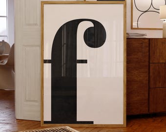 Nadruk litery F: minimalistyczna czarno-biała typografia (pobranie cyfrowe)