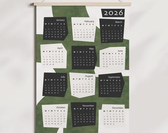 Kalendarz ścienny na rok 2026, poniedziałek, niedziela: grafika do druku w stylu Mid-Century Modern w kolorze zielono-czarno-jasnobeżowym (do pobrania w wersji cyfrowej)