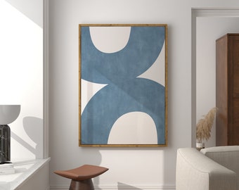 Mid-century Trendy Bracing Blue Beige Organic Lines Minimalistic Printable Wall Art | Black and Beige Tones Contemporary Printable Painting