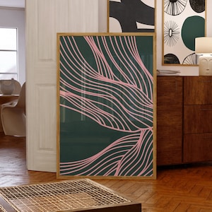 Moderne smaragdgrüne und rosa organische Linien Moderne minimalistische druckbare Wandkunst | Grüne und rosa Töne Ostergeschenk Home Decor zum Ausdrucken