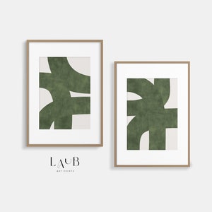 Mid-century Modern Green Light Beige Organic Lines Downloadable Art Print | Bold Lines Minimalist Printable | Modern Set of 2  Art Printable