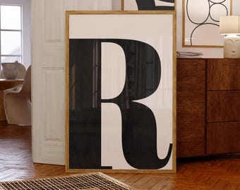 Nadruk litery R: minimalistyczna czarno-biała typografia (pobranie cyfrowe)