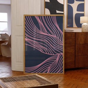 Modern Navy Blue and Pink Organic Lines Modern Minimalist Printable Wall Art | Trendy Navy Blue and Pink Tones Easter Gift Home Decor