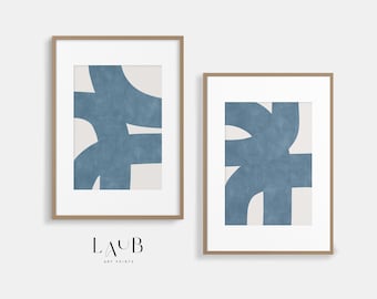 Mid-century Bracing Blue Beige Organic Lines Downloadable Art Print | Bold Lines Minimalist Printable | Modern Set of 2  Art Printables