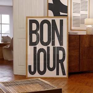 BONJOUR Modern Black Light Beige Statement Tipografia Minimalista Arte murale stampabile, Stampa artistica scandinava, Poster digitale minimalista retrò