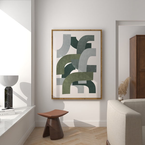 Mid-century Green Organic Lines Modern Minimalist Printable Wall Art | Green and Beige Tones Printable Wall Art | Green Beige Painting