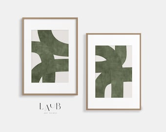 Mid-century Modern Green Light Beige Organic Lines Downloadable Art Print | Bold Lines Minimalist Printable | Modern Set of 2  Art Printable