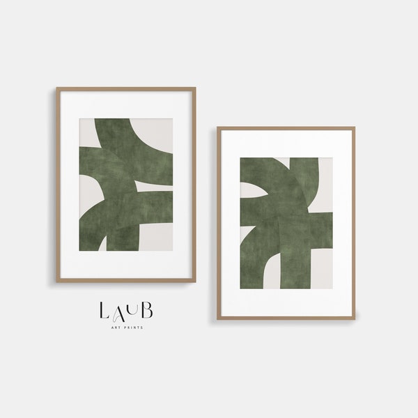 Mid-Century Modern Grün Beige Bio-Linien Herunterladbare Kunstdruck | Fette Linien minimalistisch druckbar | Modernes 2er Set Art Printable
