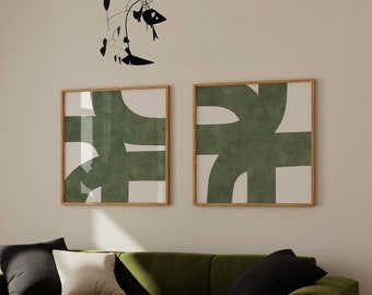 Abstrakcyjne wydruki artystyczne w stylu Mid-Century Square Green: minimalistyczny zestaw ścienny (do pobrania cyfrowego)