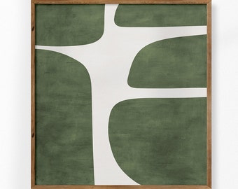 Lámina artística cuadrada minimalista en tonos verde y beige: Estilo moderno de mediados de siglo (descarga digital)
