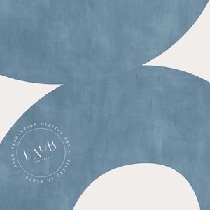 May include: Abstract digital art print featuring two overlapping blue circles on a white background. The print includes the text "LAUB ART PRINTS" in a circle with the text "HIGH-RESOLUTION DIGITAL ART CLOSE UP DETAIL" around it.