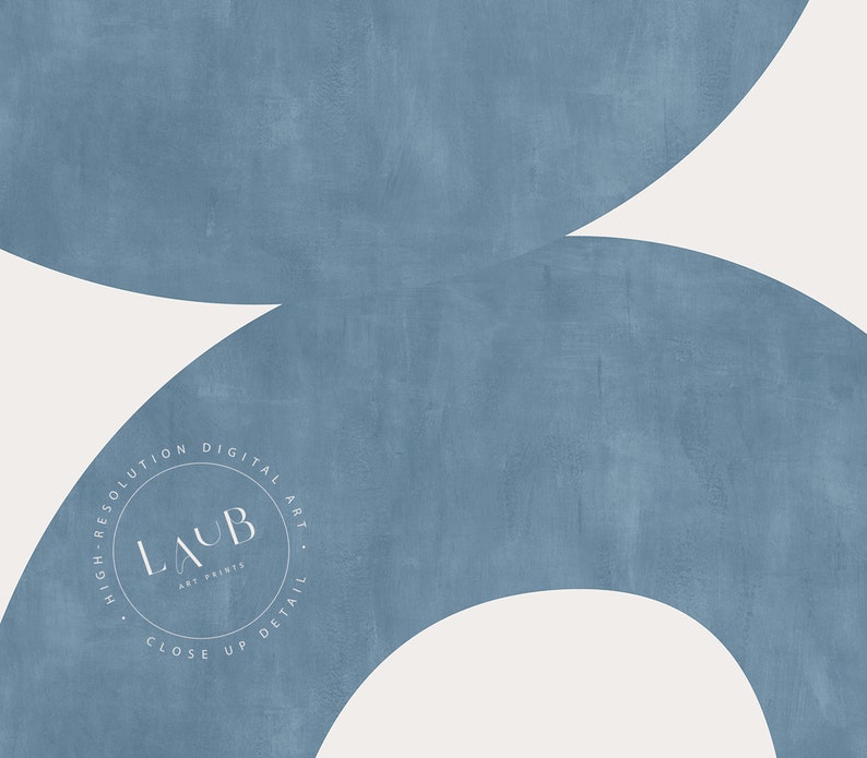 May include: Abstract digital art print featuring two overlapping blue circles on a white background. The print includes the text "LAUB ART PRINTS" in a circle with the text "HIGH-RESOLUTION DIGITAL ART CLOSE UP DETAIL" around it.
