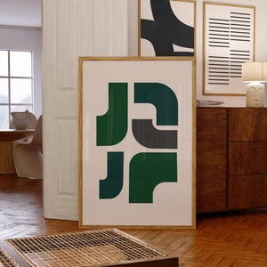 Moderne Mid Century Grün Beige organische geometrische Form minimalistische druckbare Kunst, digitales Poster, zeitgenössische abstrakte digitale Kunst