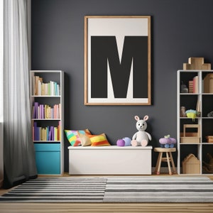 Black and White M Letter Wall Art Print | Alphabet Printable Letter M | Scandinavian style Wall art | Kids Room Letter M