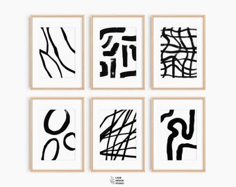 Set of 6 Black White Abstract Brush Strokes Posters (Digital Download)