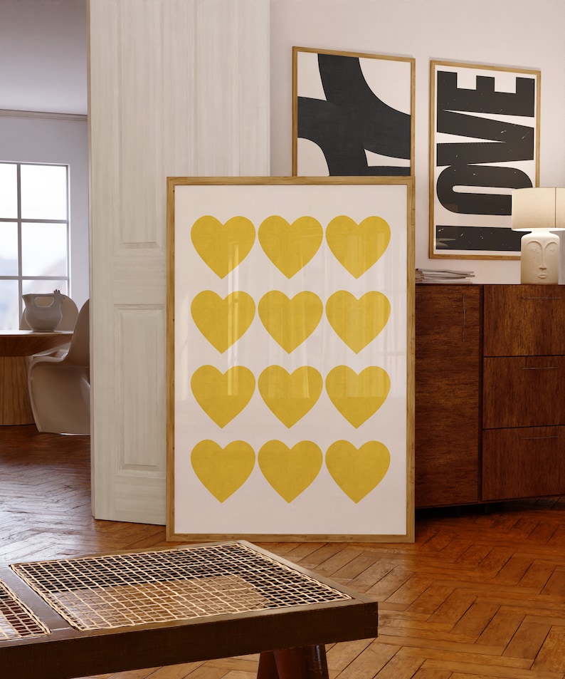 Mid-century Yellow Hearts Retro Minimalist Printable Wall Art Simple Scandi Folk Printable Poster Kids Wall Art Easter Gift Home Decor image 1