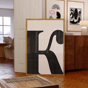 Impressão de arte de parede com letra K em preto e branco | Letra K para impressão do alfabeto | Arte de parede em estilo escandinavo | Letra K para quarto infantil