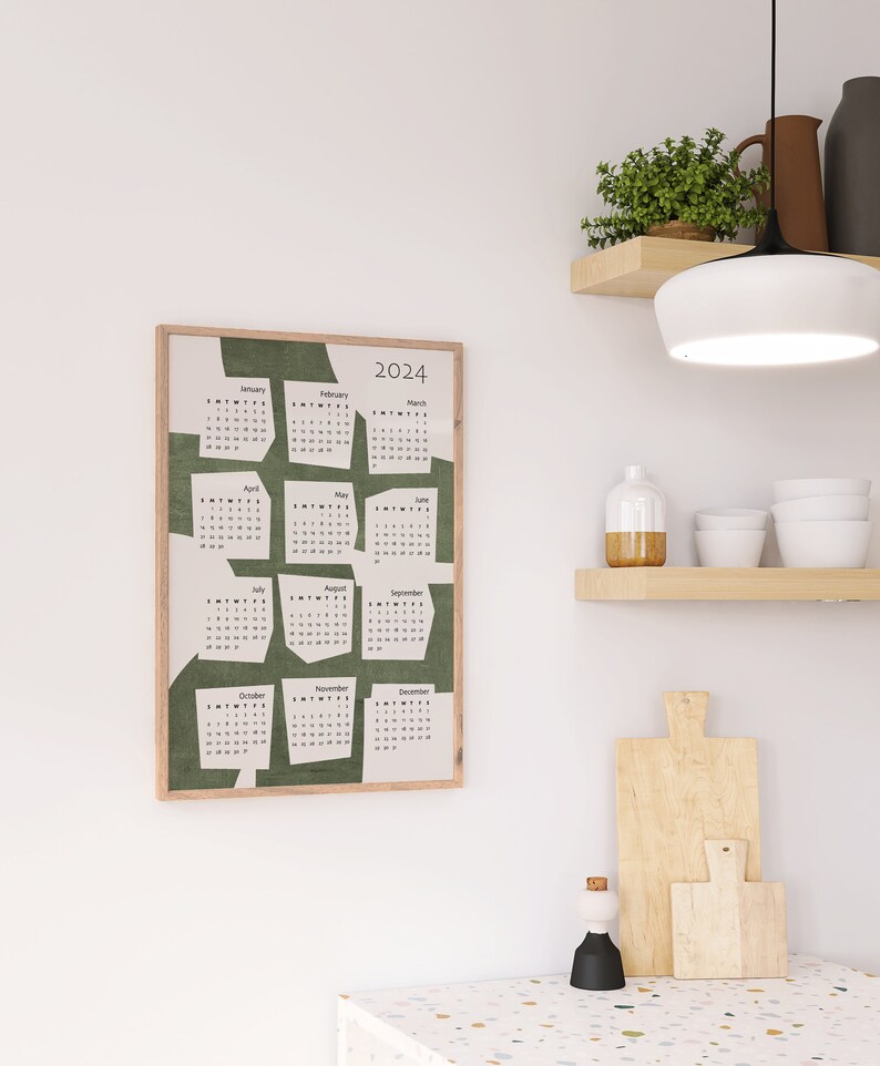 Wall Art Calendar Year 2024 Begins Sunday and Monday Mid-century Green ...