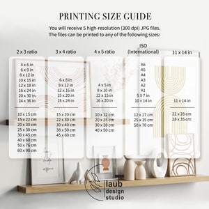 May include: A guide to printing sizes for digital art prints. The guide shows different aspect ratios and corresponding measurements in inches and centimeters. The image also shows a shelf with three framed prints featuring abstract geometric designs in beige and brown.